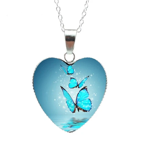 Women’s Necklace Pendant Light Blue Butterfly Heart Cabochon Gift Party