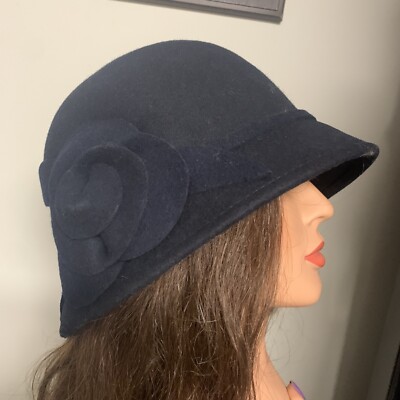 Women's Nine West Wool Black Cloche Bucket Hat With Felt Flower