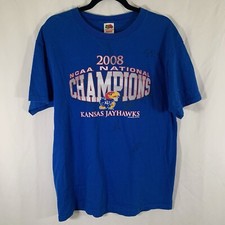 2008 KU Champions Shirt Men's Large Blue Short Sleeve Tyrel Reed Sasha Kaun Sign