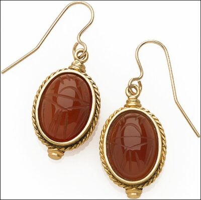 Egyptian Scarab Engraved Carnelian Earrings 24K Gold Plate - Museum Collection