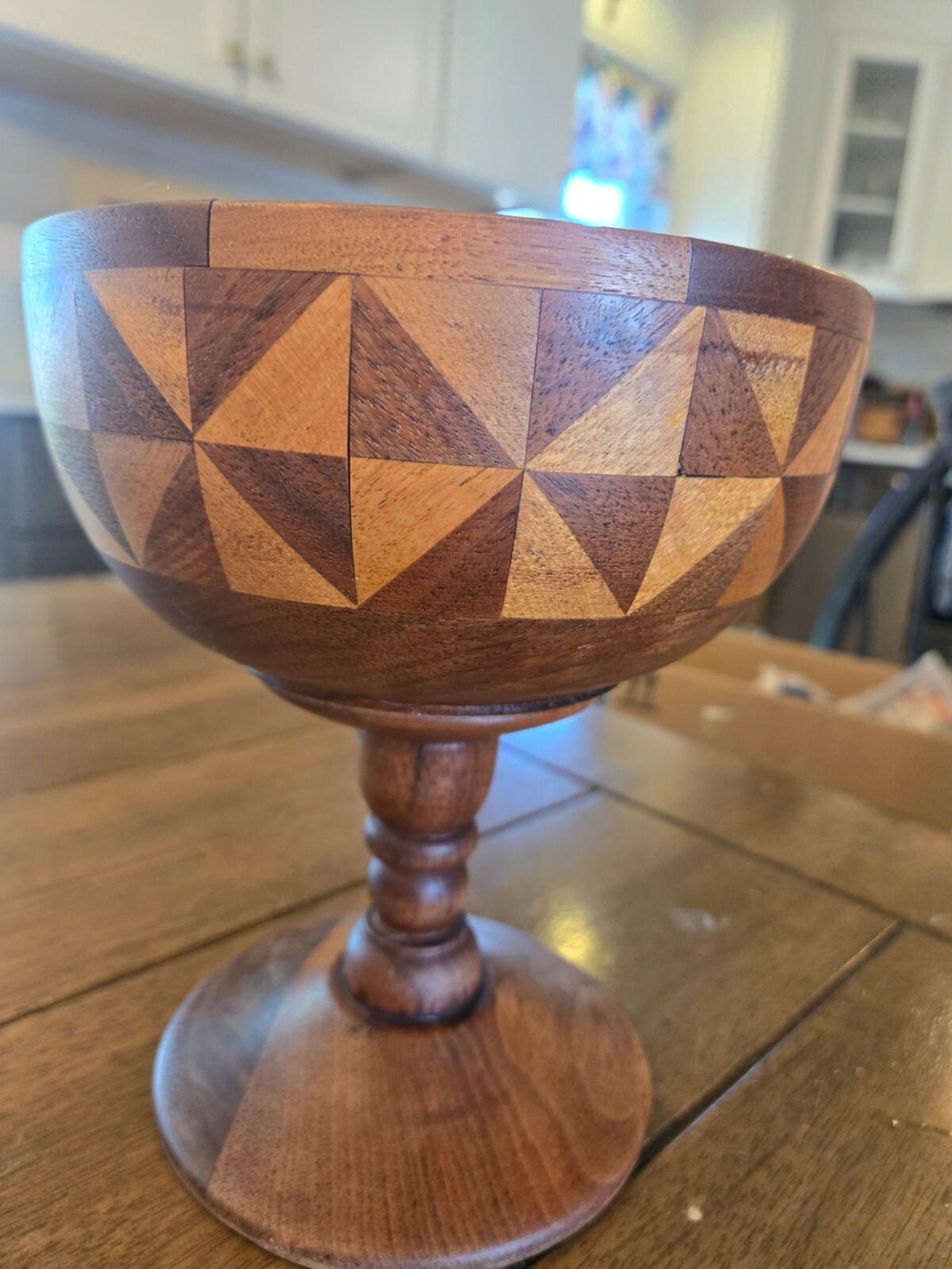 Handmade MCM wood inlaid pedestal bowl artist signed 8.25x7 inches