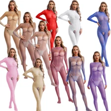 Womens Shiny Bodystocking Long Sleeve Sheer Full Body Stocking Tights Jumpsuit