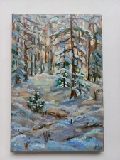Winter forest, spruce   painting, Ukrainian painting, impasto Oil, New Year Wal