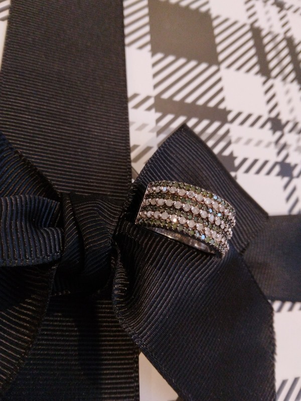 Green Diamonds & White Diamond Rows Ring SIZE 7 UNISEX