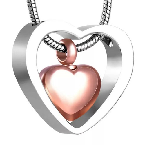 Double Heart Cremation Locket Urn Pendant Ashes Silver Necklace Funeral Memory . - Picture 1 of 5