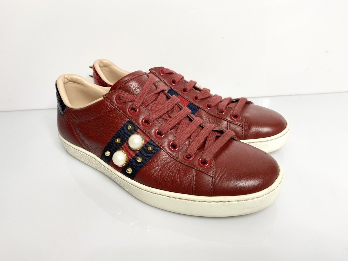Gucci Ace Studded Pearl Sneakers Leather Web Stripe Shoes