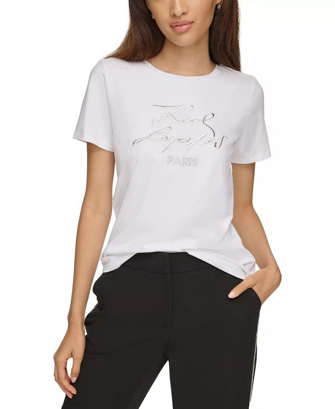 NWT KARL LAGERFELD PARIS Women's Metallic Logo Print White T-Shirt Sz L 