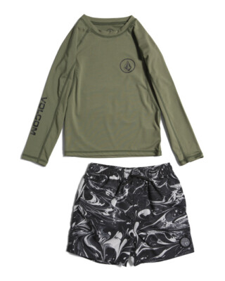 Volcom Little Boys Size 4 2 Pc L/S Olive Green Rash Guard + Swim Shorts Black