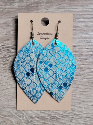Handmade GENUINE Leather Feather Earrings Turquoise Metallic Python 2''