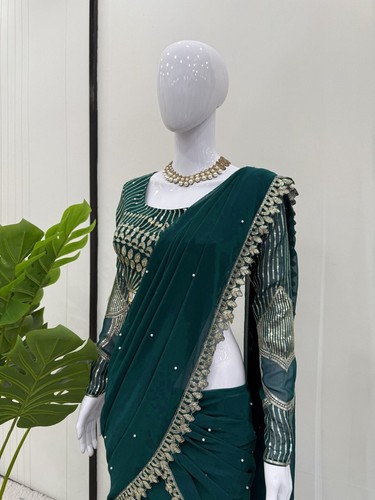 Camicetta sari pre drappeggiata designer abbigliamento festa sari pronta da indossare sari bollywood - Foto 5 di 10
