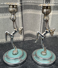 Vintage Pair Art Deco Style Lady Figurine Candlesticks 20cm Silver Tone