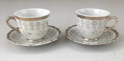 Pair Of Delicate Sterling China Floral Tea Cup and Saucers Gold/Rose Trim Japan