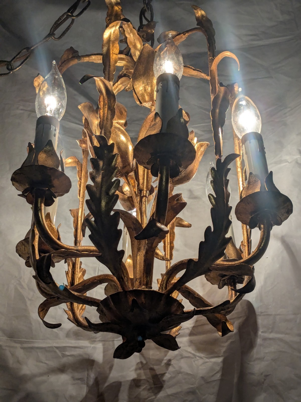 Italian Gilt GoldTole Italy Swag Light  Chandelier Hollywood Regency Mid Century