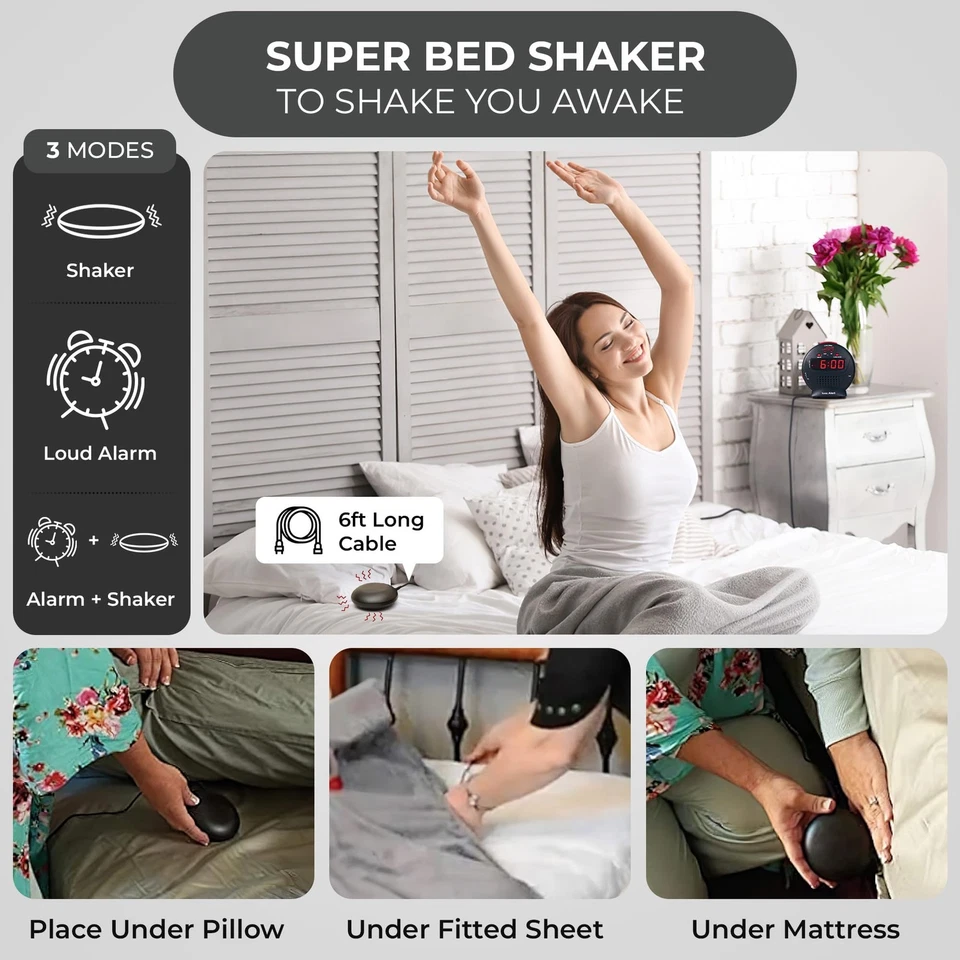 Loud Dual Alarm Clock with Bed Shaker Red Flash Lights Easy Set Backup Dimmer - Image 4 of 4