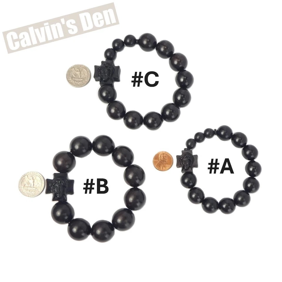 Black Ebony Wood Bead Rosary Stretchable Bracelet Holy Face of Jesus Cross Men - Image 2 of 4