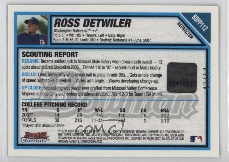 2007 Bowman Draft Chrome Picks Rookie Gold Refractor /50 Ross Detwiler Auto - Image 2 of 2