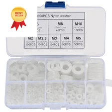 YOUYIDUN-650 Pcs White Nylon Flat Washer Assortment Kit, Round 1 cm, 
