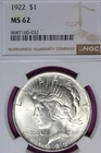 1922 NGC MS62 PEACE SILVER DOLLAR #B52387