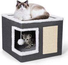 Cat Bed for Indoor Cats, Large Covered Cat House with Scratch Pad, Foldable Cat