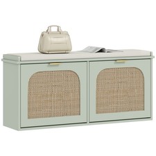 HOMCOM Boho Shoe Bench with Padded Seat and 2 Flip-Drawers, Light Green