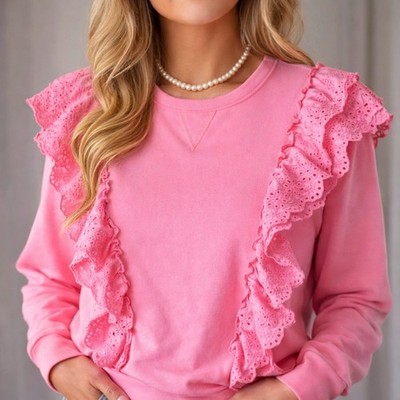 Lilly Pulitzer Deva Ruffle Sweatshirt in Pink Shandy XL Eyelet Ruffle Pullover
