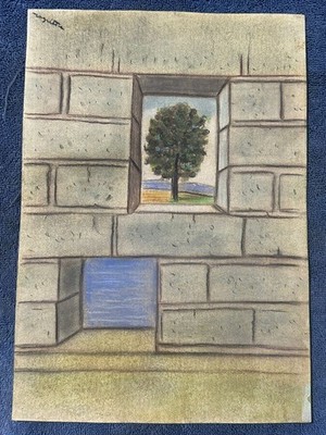 René Magritte drawing and painting on old paper signed stamped vintage