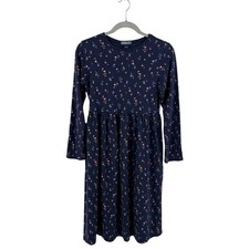 Lands End Dress Girls Size 14 Navy Blue Floral Print Long Sleeve Cotton