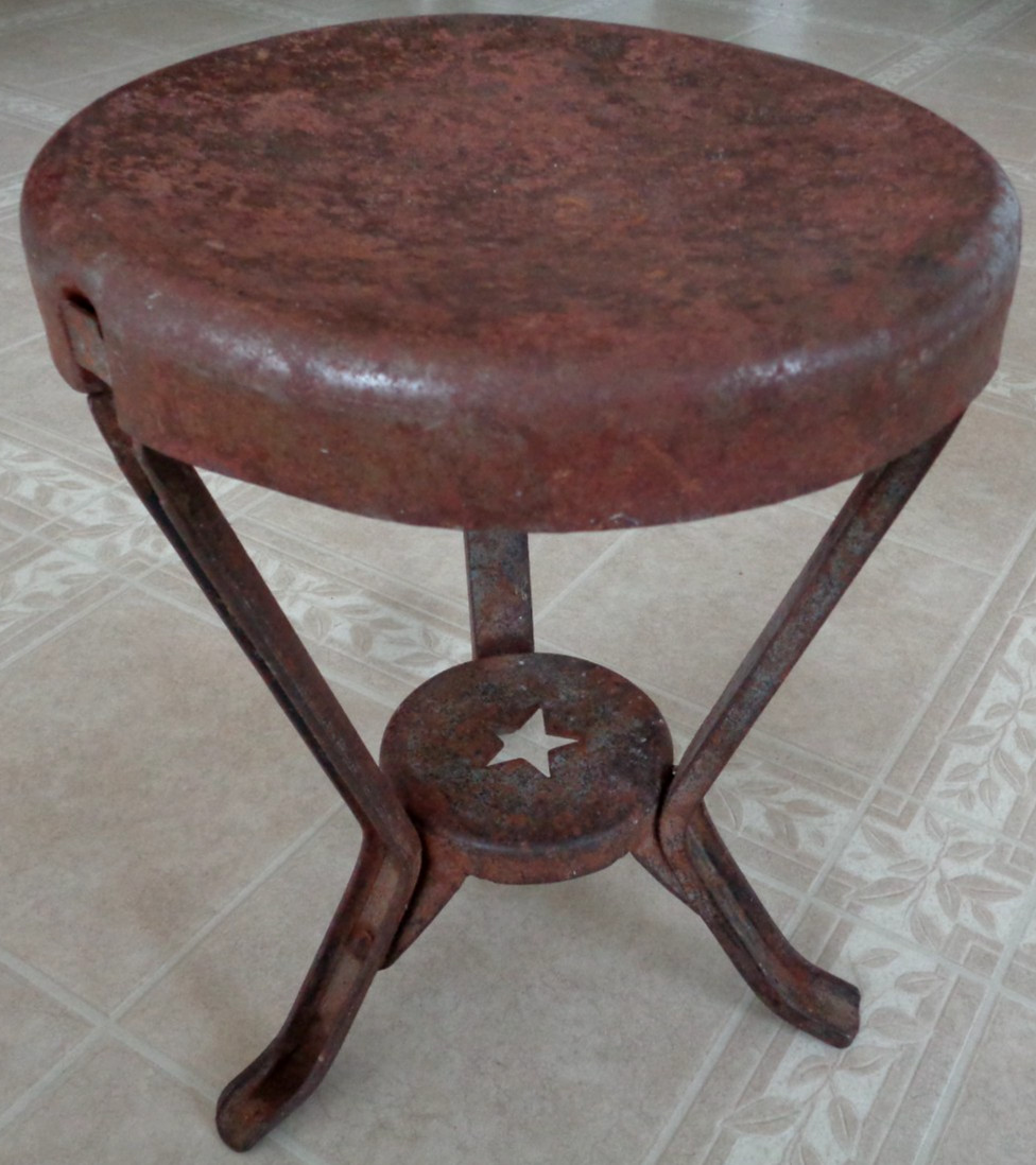 Antique Farm 12” Rustic Metal 3-Legged Cow Milking Stool Sturdy Rust Patina