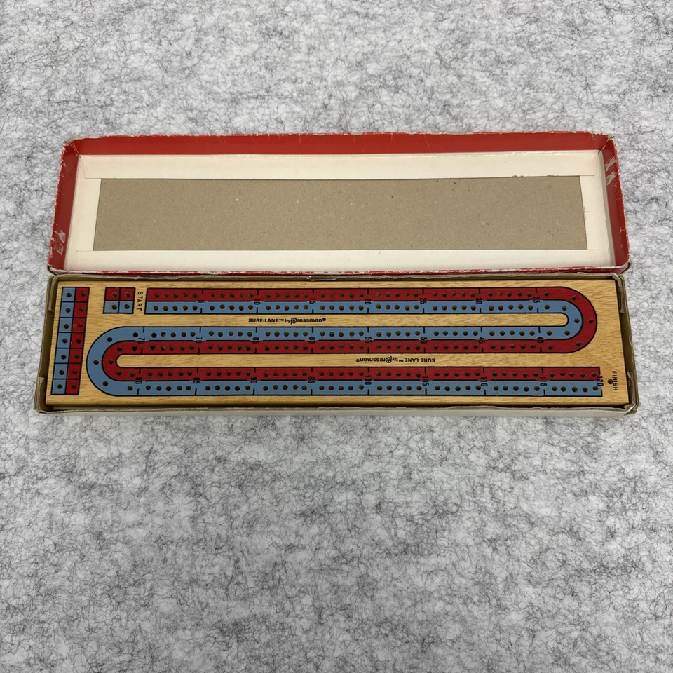 Pressman Wooden Cribbage Board Vintage Sure-Lane with Manual and Plastic Pegs  - Image 2 of 4