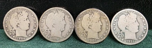 Lot of Four (4) Barber Half Dollars, Good Condition, 90% Silver, Nice Toning!