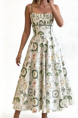 New Imperial Botanical Print Midi Dress   Elegant Strappy Summer Dress