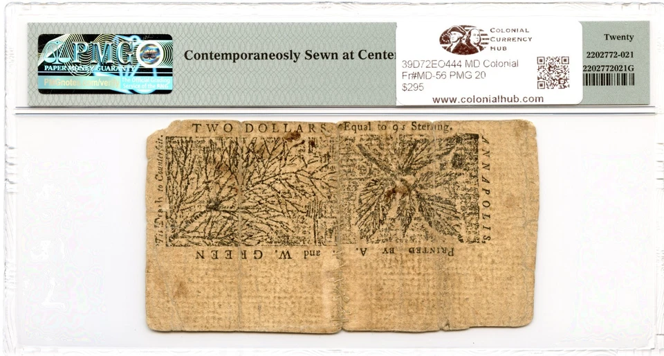 Maryland Colonial Note Fr#MD-56 March 1, 1770 $2 PMG VF-20 *Contemporarily Sewn* - Image 2 of 2