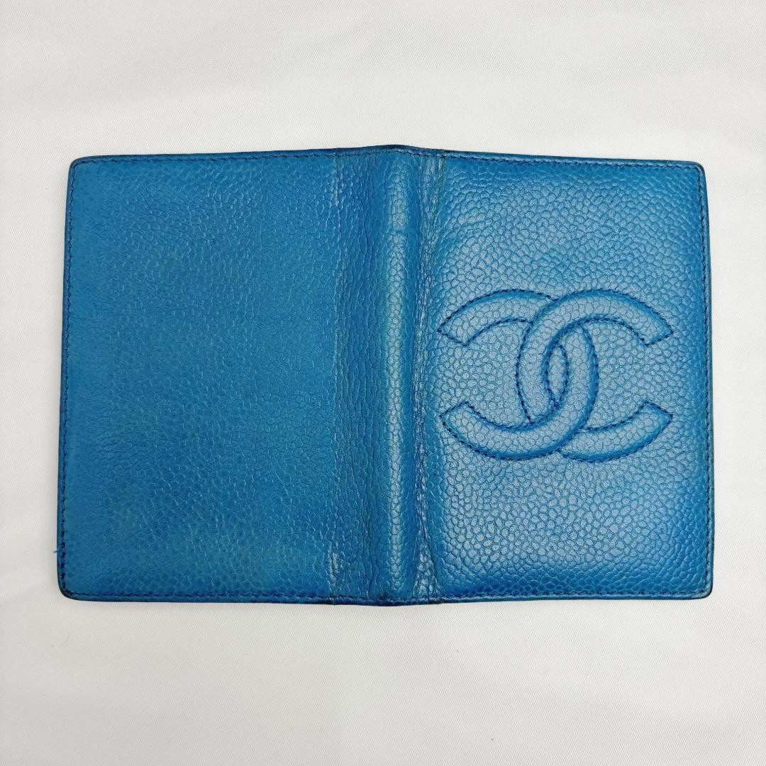 CHANEL Caviar Skin Card Case Pass Case Card Wallet CoCo Mark Blue Authentic-image