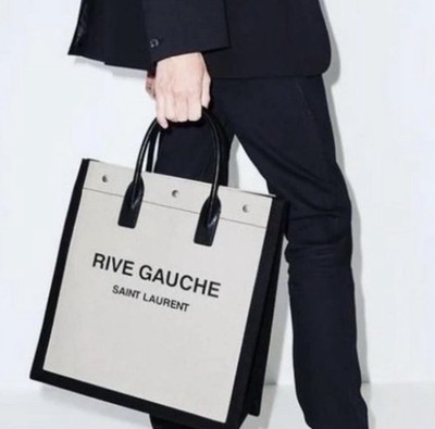 NWT Saint Laurent YSL Rive Gauche White Black Canvas Logo  Tote Bag $780