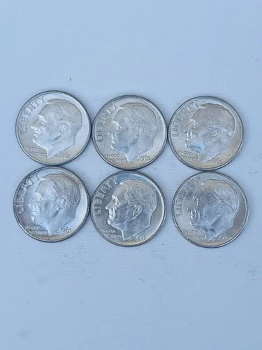 1961 D Roosevelt Dime Silver Bright and Lustrous Lot of 6,Uncirculated