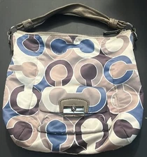 COACH OP ART SHOULDER HOBO BAG LEATHER TRIM SILVER ZIPPED FRONT POCKET #16494