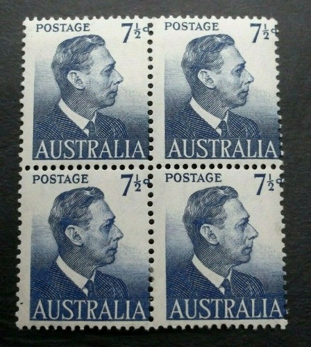 1951 AUSTRALIA KING GEORGE VI BLOCK of 4x 7½d PENNY BLUE MLH STAMPS MISCUT/ERROR - Picture 3 of 7
