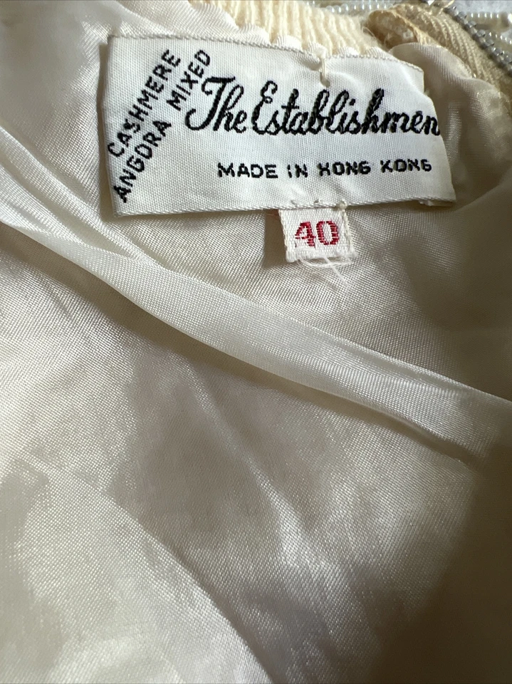 Cardigã vintage anos 50 suéter frisado lantejoulas cashmere angorá zíper Hong Kong O - Imagem 3 de 4