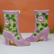 Vintage Fitz and Floyd Essentials Ceramic Laced Victorian Boot Vase - Set of 2