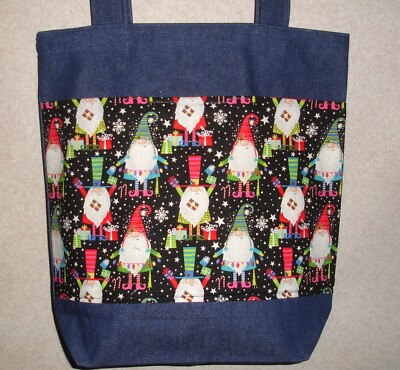 NEW Handmade Large Christmas Holiday Gnomes Denim Tote Bag