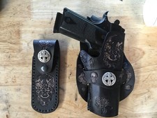 Handmade Leather Angled Holster 2 mag pouches 1911 Custom Carving