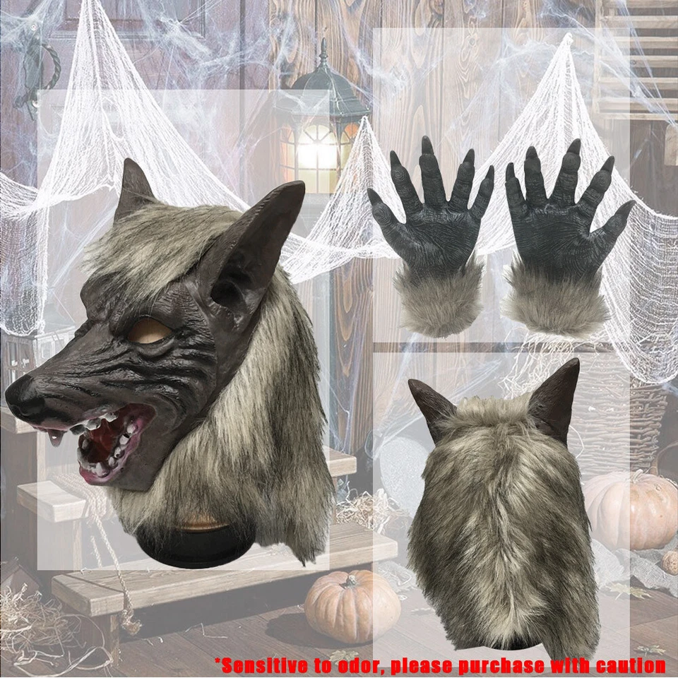 Halloween Wolf Head Face Mask Werewolf Claw Gloves Cosplay Costume Horror Props- - Image 2 of 4