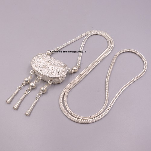 Pure 925 Sterling Silver Necklace Ethnic Floral Bag Pendant Wheat Link Chain #2 - 第 1/7 張圖片