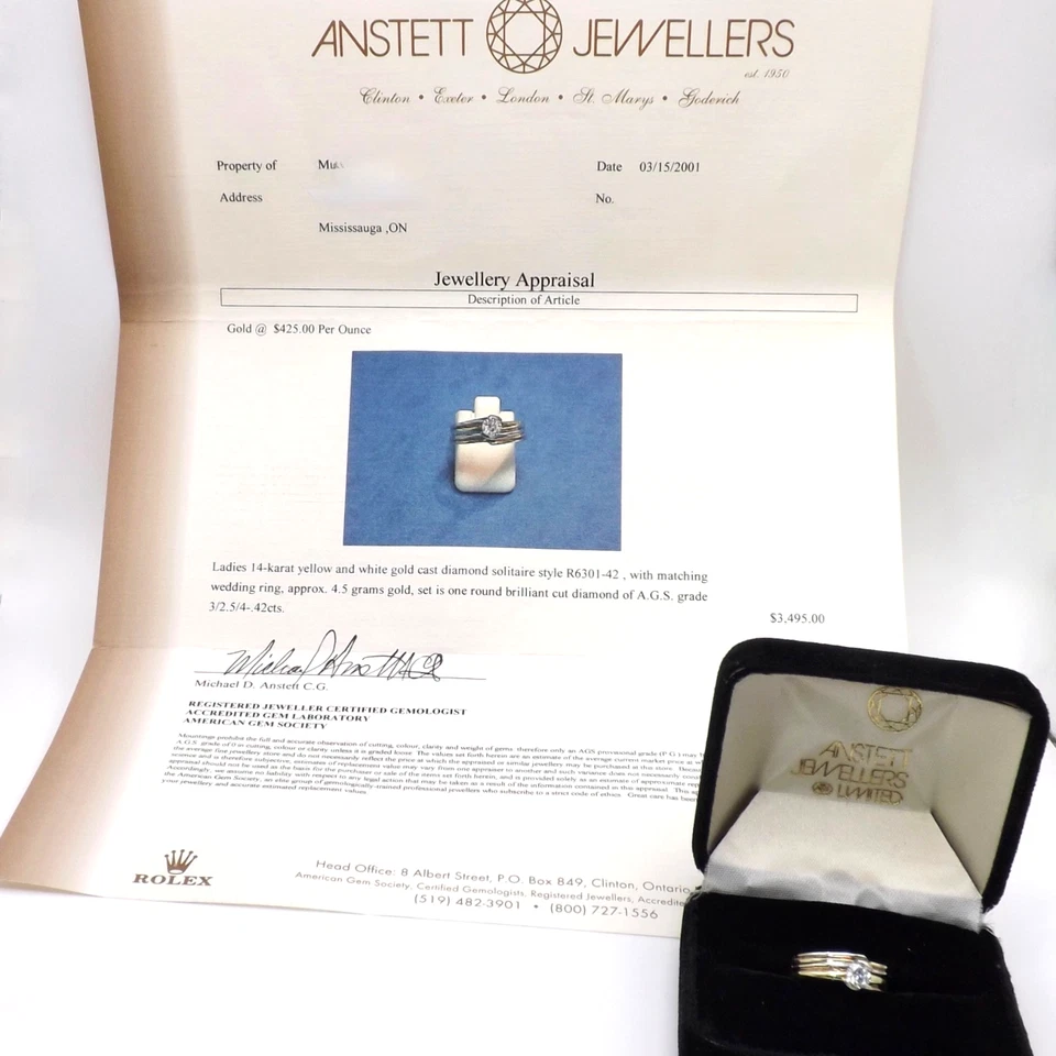 14k Gold Half Bezel Solitaire Setting Engagement Ring Wedding Band Set sz6 - Image 2 of 4