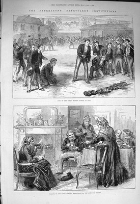 Original alter antiker Druck 1875 Freimaurer Jungen Freimaurerschule Spielfenster Männer