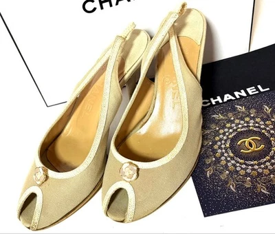 CHANEL Chaussures Escarpins Talon Camellia Bout Ouvert EU 37 US 7 Beige Authe... - Photo 1/4