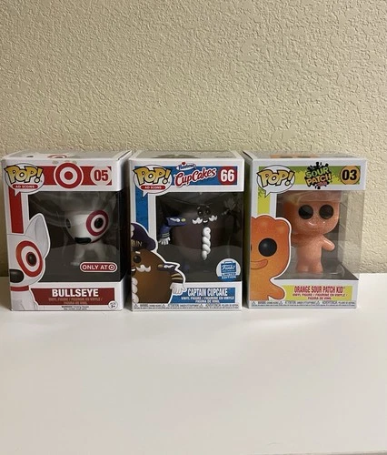 Funko Pop Ad Icons LOT, Target #05 Bullseye Dog #66 Cupcake & #03 Sour Patch Kid