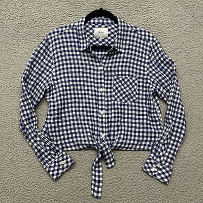 Rails Top Womens M Blue Gingham Plaid Linen Tie Knot Front Button Up Picnic Val