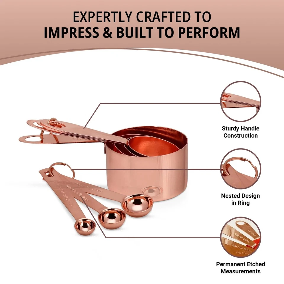 Copos e colheres de medição de cobre aço inoxidável 9 peças com 2 anéis - Imagem 3 de 4