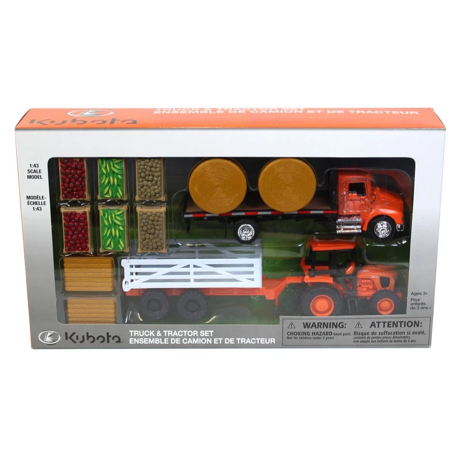 New Ray 1/43 Kubota Farm Tractor Play Set Truck Trailer Crates Bales SS-15815A - Image 2 of 2